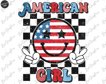 American Girl Png, Groovy American, 4th of July Png, American Png, Retro Png, Vintage Groovy American Girl Sublimation Shirt