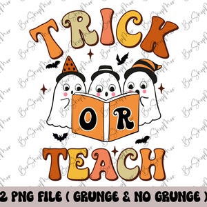 May include: Two ghosts wearing witch hats are reading a book that says "Trick or Teach" in orange, yellow, and red letters. The ghosts are white with black eyes and mouths. The background is white.