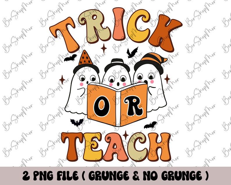 May include: Two ghosts wearing witch hats are reading a book that says "Trick or Teach" in orange, yellow, and red letters. The ghosts are white with black eyes and mouths. The background is white.