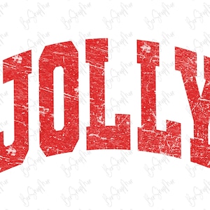 May include: A distressed red graphic with the word "JOLLY" in a bold, arched font. The letters have a textured, worn appearance, suggesting a vintage or retro style. The design is set against a clean white background.