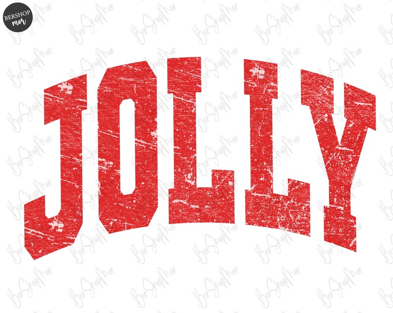 May include: A distressed red graphic with the word "JOLLY" in a bold, arched font. The letters have a textured, worn appearance, suggesting a vintage or retro style. The design is set against a clean white background.