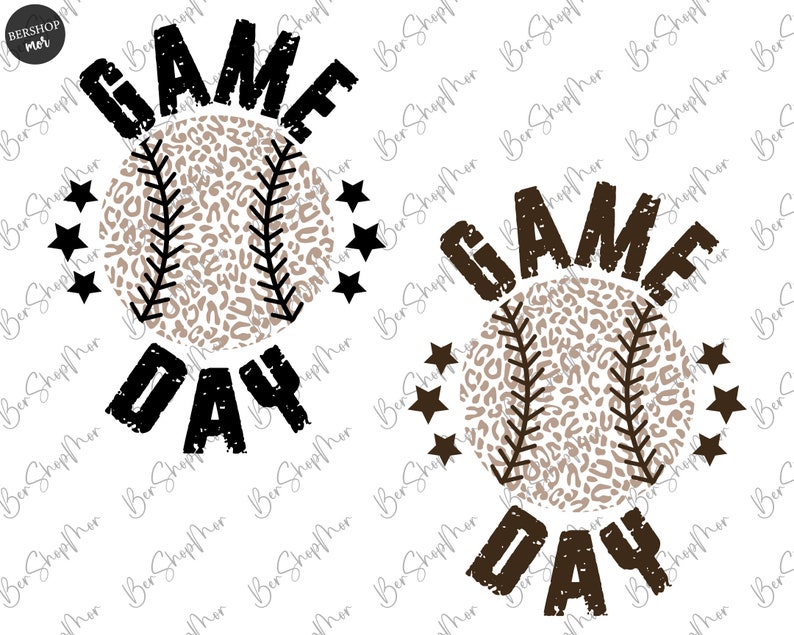 May include: A graphic design featuring the words "GAME DAY" in black with a distressed look. A baseball with a brown and white leopard print design is in the center of the graphic. The graphic is surrounded by five black stars.