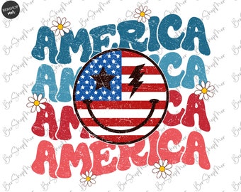 Groovy America PNG, Falisty projekt Retro USA Sublimacja, Kwiatowy projekt koszulki Ameryka, 4 lipca, Letnia Ameryka Sublimacja Png Design