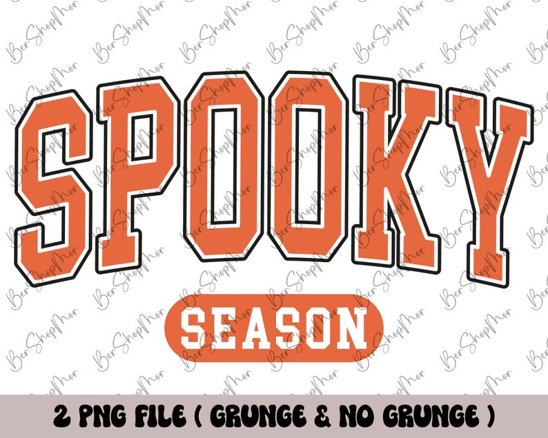 May include: Orange and black graphic text that reads "Spooky Season" in a vintage collegiate style font.