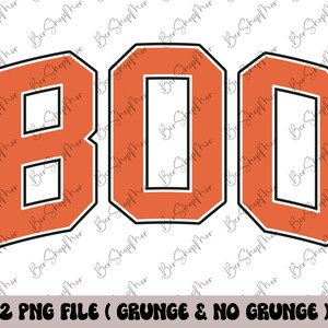 May include: Orange and white "BOO" letters with a grunge effect. The letters are outlined in black and have a white outline. The letters are on a white background.