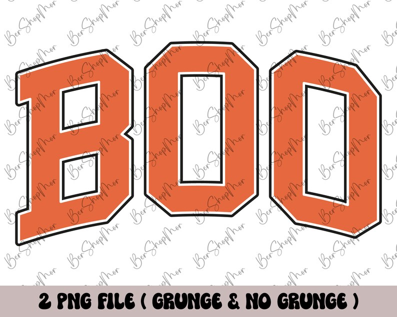 May include: Orange and white "BOO" letters with a grunge effect. The letters are outlined in black and have a white outline. The letters are on a white background.