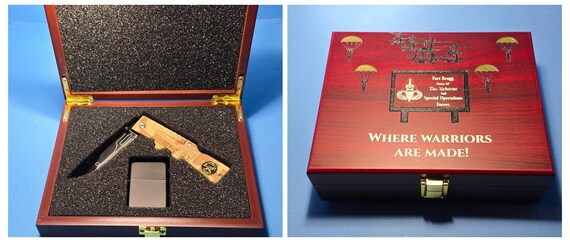Fort Bragg themed knife set in Rose wood box