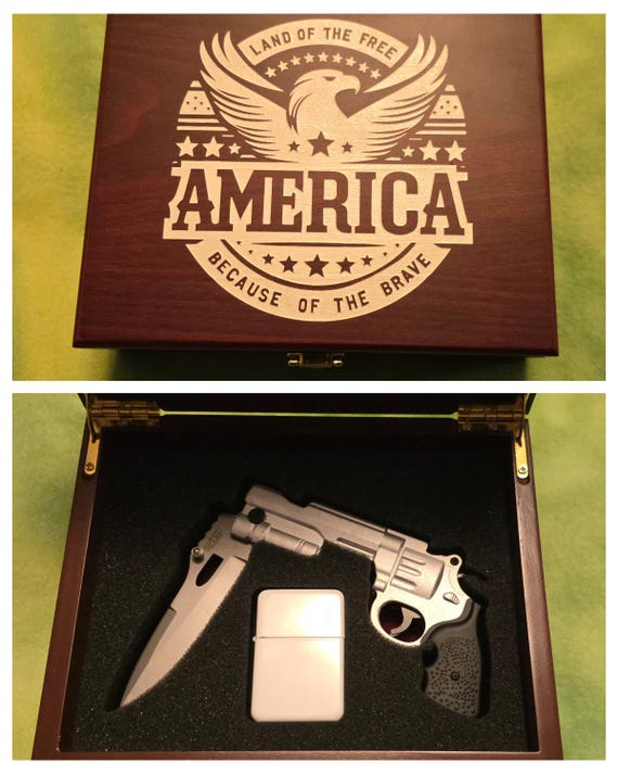 Relvolver themed knife set in Rose wood box