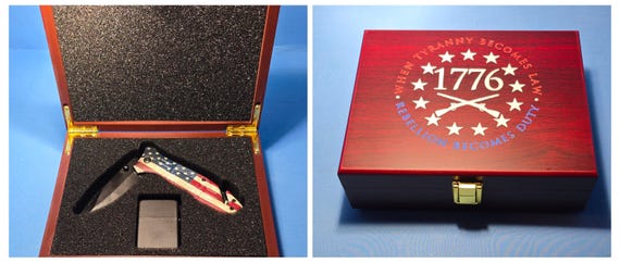 1776 themed knife set in Rose wood box