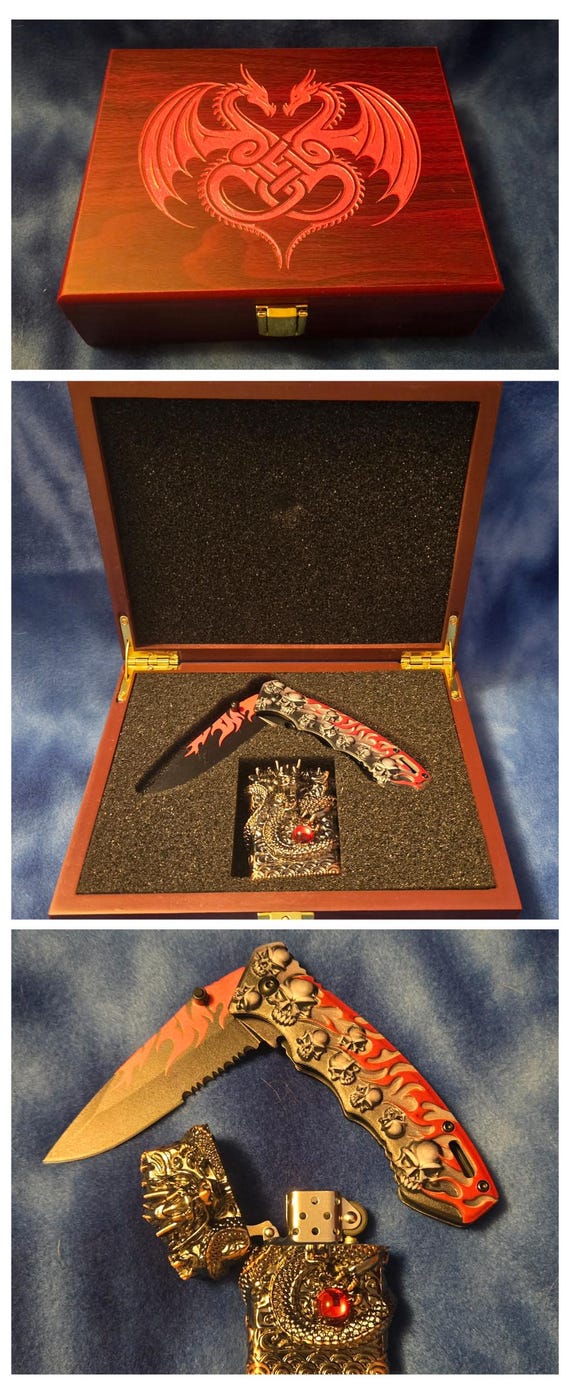 Medieval themed knife set in Rose wood box
