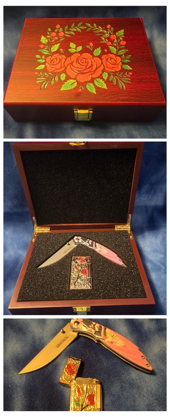 Flower themed knife set in Rose wood box