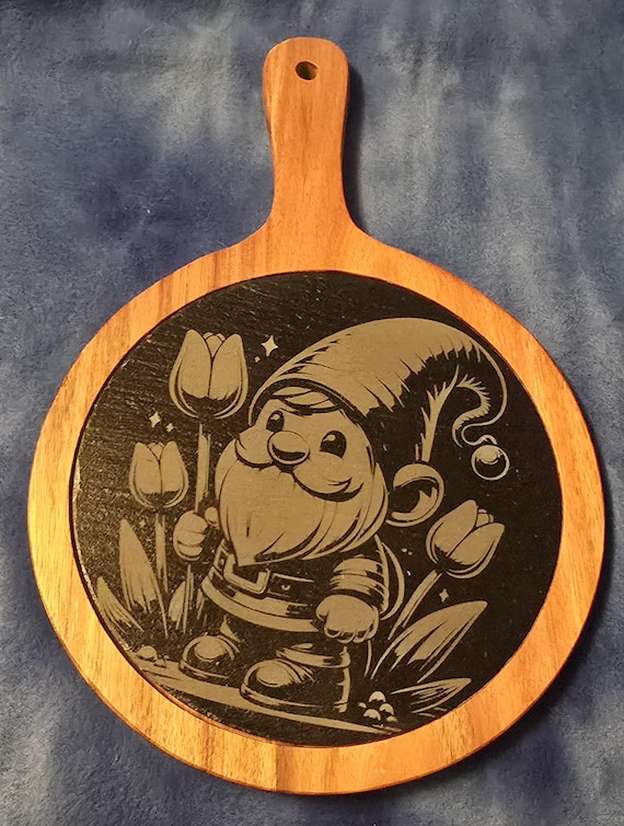 Gnome themed Round Acacia Wood/Slate Serving Board with Handle