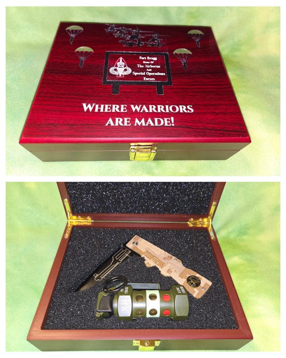 Fort Bragg themed knife set in Rose wood box