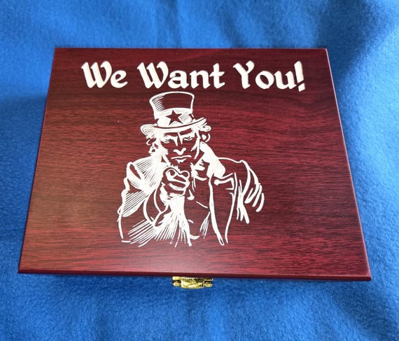 Uncle Sam We Want You themed knife set in Rose wood box