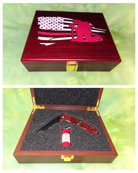 Fire fighter themed knife set in Rose wood box