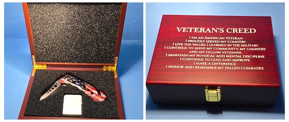 Veterans Creed themed knife set in Rose wood box