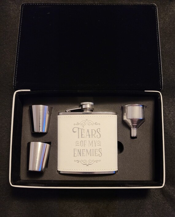 Tears of my Enemies white themed Leather and metal Flask gift set