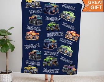 Monster Trucks Blanket Personalized, Monster Trucks Birthday Gift, Monster Truck Baby Boy, Truck Blanket Baby Boy, Car Kids Name Blanket