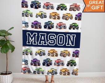 Monster Trucks Blanket Personalized, Monster Trucks Birthday Gift, Monster Truck Baby Boy, Truck Blanket Baby Boy, Car Kids Name Blanket