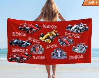 Custom Race Car Beach Towels with name, Race Car Gifts, Sports Race Car Beach Towels, Race Car Birthday, Racing Gifts, Kids beach towel