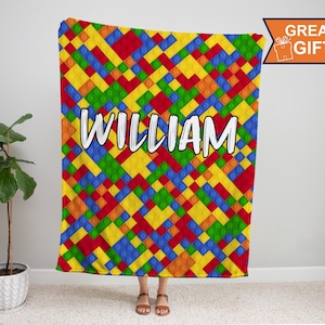 Building Blocks Blanket Personalized with name, Toy Bricks Birthday Gift