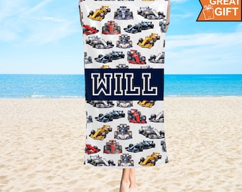 Custom Race Car Beach Towels with name, Race Car Gifts, Sports Race Car Beach Towels, Race Car Birthday, Racing Gifts, Kids beach towel