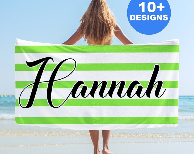 Personalized Beach Towel with name, Custom beach Towels, Stripe Beach Towel, Monogram beach Towels, Birthday gift for kids him her