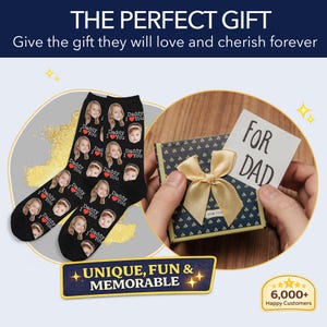 Pode incluir: Meias pretas com rostos de fotos personalizadas e o texto "Daddy I You". Uma caixa de presente com uma fita dourada e um cart&atilde;o que diz "For Dad" tamb&eacute;m s&atilde;o mostrados. A imagem inclui o texto "Unique, Fun & Memorable".
