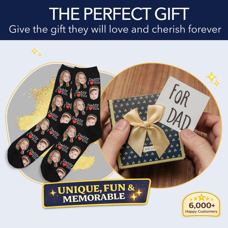 Pode incluir: Meias pretas com rostos de fotos personalizadas e o texto "Daddy I You". Uma caixa de presente com uma fita dourada e um cart&atilde;o que diz "For Dad" tamb&eacute;m s&atilde;o mostrados. A imagem inclui o texto "Unique, Fun & Memorable".