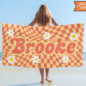Retro Personalized Beach Towel Name Beach Towel Custom Pool Towel Bath Towel With Name Birthday Vacation Gift Daisy Retro checkers