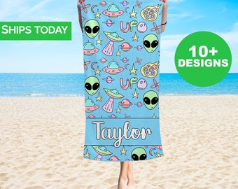 Custom Beach Towel, Personalized Beach Towel, Monogram beach Towels, Aliens Beach Towel with name for kids adults, Vacation Gift