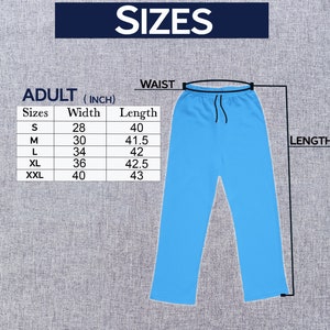 May include: Light blue adult pants with a drawstring waist. The image includes a size chart with measurements in inches for sizes S to XXL. The text "SIZES" is at the top of the image.