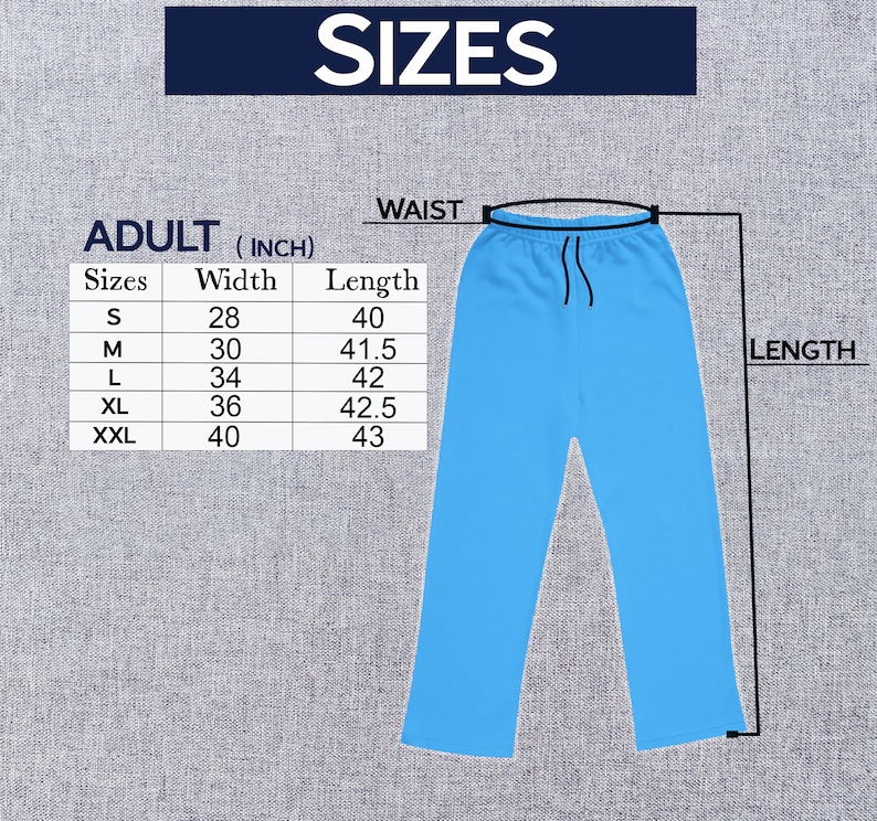 May include: Light blue adult pants with a drawstring waist. The image includes a size chart with measurements in inches for sizes S to XXL. The text "SIZES" is at the top of the image.