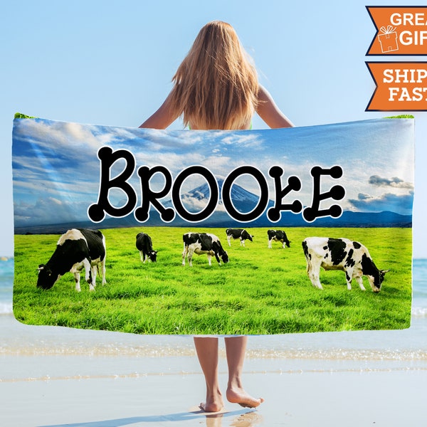 Custom Cow Name Beach Towel, Pool Beach Summer Fun Vacation Towel, birthday Gift, Girl, Farmer, Cow Lover