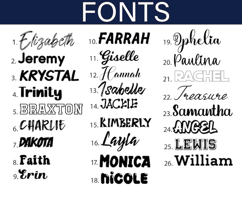 May include: A graphic displaying various font styles with names. The word "FONTS" is at the top. Names include Elizabeth, Jeremy, Krystal, Trinity, Braxton, Charlie, Dakota, Faith, Erin, Farrah, Giselle, Hannah, Isabelle, Jackie, Kimberly, Layla, Monica, Nicole, Ophelia, Paulina, Rachel, Treasure, Samantha, Angel, Lewis, and William.