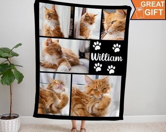 Pet Cat Photo Collage Memorial Blanket, Pet Cat Picture Text Keepsake Christmas, cat pet memorial gifts, cat mom dad gifts, pet cat blanket