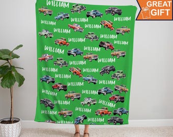 Trucks Blanket Personalized with name, Trucks Birthday Gift, Truck Baby Boy, Truck Blanket Baby Boy, Car Kids Name Blanket