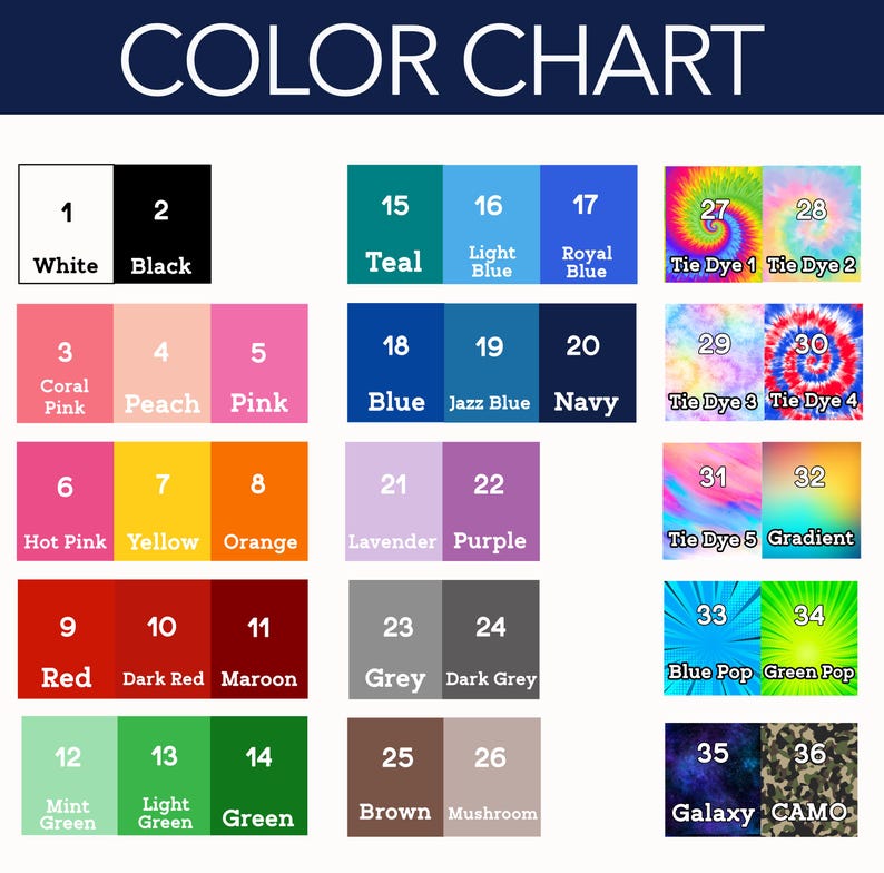 Pode incluir: Um gr&aacute;fico de cores com fundo branco e o texto "COLOR CHART" em azul marinho. O gr&aacute;fico exibe 36 amostras de cores, cada uma rotulada com um n&uacute;mero e nome de cor, incluindo op&ccedil;&otilde;es tie-dye e gradiente.