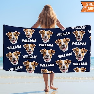 Custom Pet Beach Towel Using Pet Photo with name, Personalized Beach Towel with dogs face, your dog photo on a beach towel, Custom Pet Gift