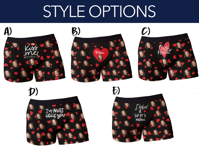 Op de afbeelding: Zwarte boxershorts met een herhaald patroon van gezichten en rode harten. Elke broek heeft een andere romantische zin: "Kiss me baby", "Mine", "Take my heart", "I'm nuts about you" en "I licked it so it's mine".
