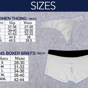 Op de afbeelding: Afbeelding met een witte string en witte boxershorts met een zwarte tailleband. De afbeelding bevat een maattabel voor damesstrings en heren boxershorts, met afmetingen in inches voor heup- en taillematen.