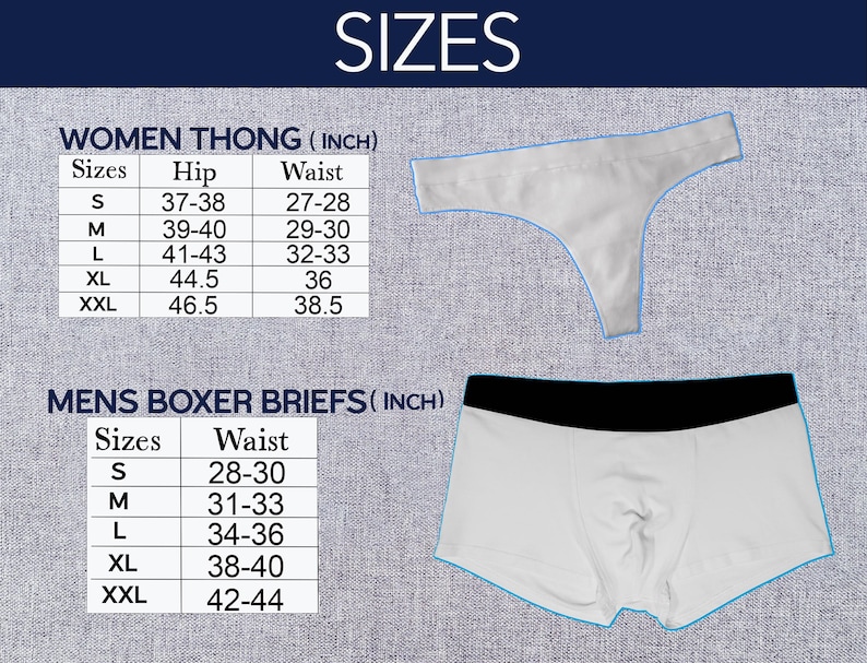 Op de afbeelding: Afbeelding met een witte string en witte boxershorts met een zwarte tailleband. De afbeelding bevat een maattabel voor damesstrings en heren boxershorts, met afmetingen in inches voor heup- en taillematen.