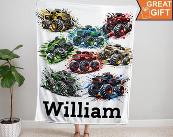 Monster Trucks Blanket Personalized, Monster Trucks Birthday Gift, Monster Truck Baby Boy, Truck Blanket Baby Boy, Car Kids Name Blanket
