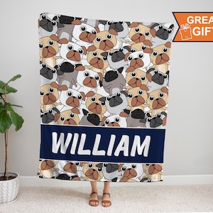 Personalized Pug Dog Mink Throw Blanket, Pug Dog Gifts Her Him Kids, Pug Dog Birthday Gift, Pug Dog blanket
