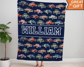 Trucks Blanket Personalized with name, Trucks Birthday Gift, Truck Baby Boy, Truck Blanket Baby Boy, Car Kids Name Blanket