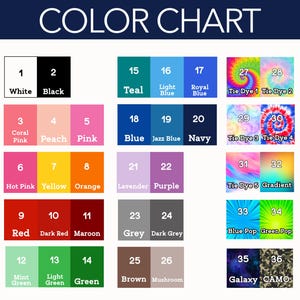 Op de afbeelding: Een kleurenkaart met een witte achtergrond en de tekst "COLOR CHART" in marineblauw. De kaart toont 36 kleurstalen, elk gemarkeerd met een nummer en kleurnaam, inclusief tie-dye en verloopopties.