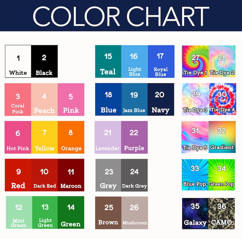 Op de afbeelding: Een kleurenkaart met een witte achtergrond en de tekst "COLOR CHART" in marineblauw. De kaart toont 36 kleurstalen, elk gemarkeerd met een nummer en kleurnaam, inclusief tie-dye en verloopopties.