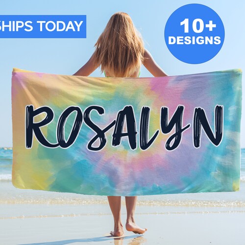 Tie Dye Personalized Beach Towel Rainbow Custom Beach Name Etsy