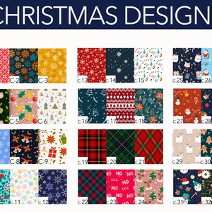 May include: A grid of Christmas-themed fabric designs. The designs include snowflakes, plaid, holiday ornaments, and Santa Claus. The color palette is diverse, featuring red, green, blue, and gold. The text "CHRISTMAS DESIGNS" is at the top.