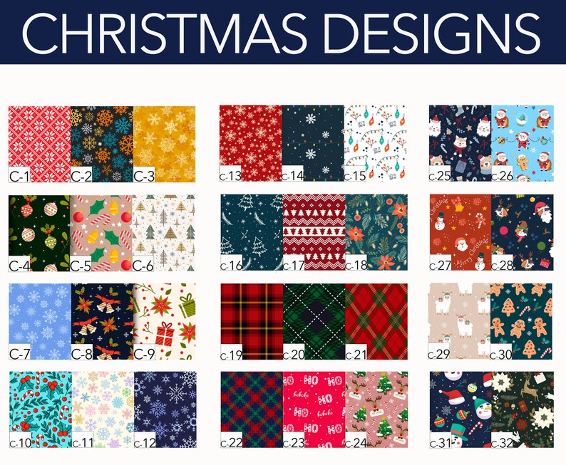 May include: A grid of Christmas-themed fabric designs. The designs include snowflakes, plaid, holiday ornaments, and Santa Claus. The color palette is diverse, featuring red, green, blue, and gold. The text "CHRISTMAS DESIGNS" is at the top.